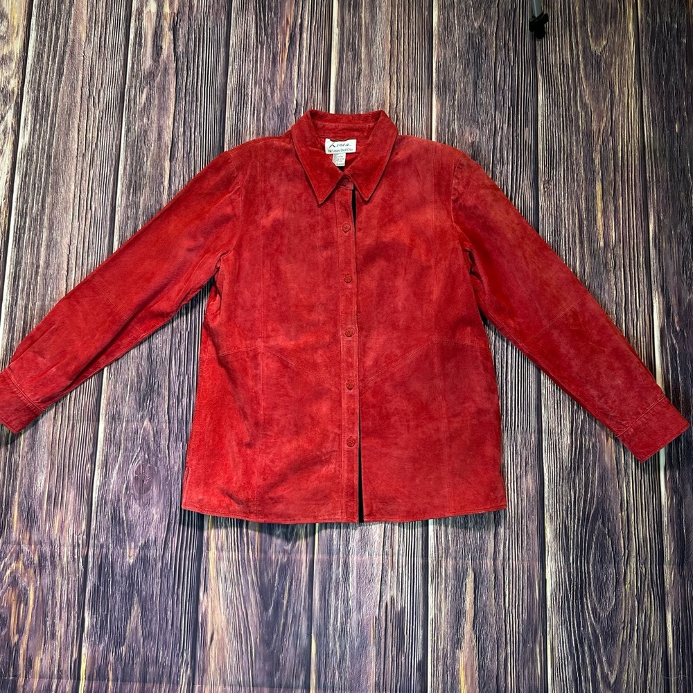 Women’s Vintage Red & Black Suede Leather 90s Style Button Down Shirt Jacket‎ - Picture 6 of 11